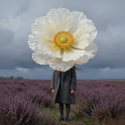 portrait, giant flower as a head, a girl wearing a coat in heather field, surreal photography, wind and cold, dramatic sky, impressionist painting, digital painting, artstation, simon stalenhag