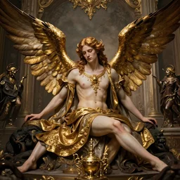 fallen angel, handsome face, six wings, gathered by hell, golden details, rococo style, grand scene of the movie