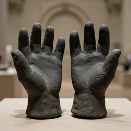 realistic photo of a scientific model of an ugly rough complex gloves made of black clay, front view, neutral brown colors 1 9 9 0, life magazine reportage photo, metropolitan museum photo