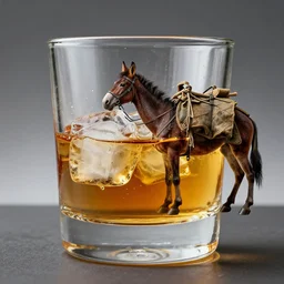 a glass of whiskey, whiskey glass with ice cubes, sweating. a pack mule. surreal. style of max ernst