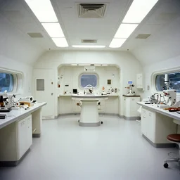 Film still of a brightly lit white science lab on a space ship, carpeted floor, medical bay from Star Trek Next Generation, neutral lighting, Cinestill colour cinematography, anamorphic