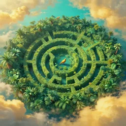 post - minimalism portrait of a magical jungle labyrinth bird's eye view, golden clouds, vibrant turquoise color scheme, highly detailed, in the style of romanticism, cinematic, artstation, moebius, greg rutkowski