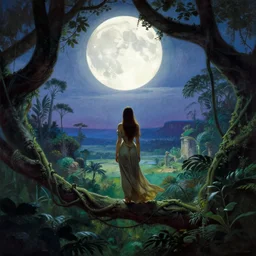 A beautiful jungle princess stands on a huge vine silhouetted by an enormous moon looking out over an idyllic ancient valley, by Frank Frazetta and Bouguereau and alma tadema