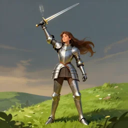 A beautiful, brown-haired Joan of Arc Jeanne d'arc in a shining armor raising her sword, standing victorious on a green hill, digital art