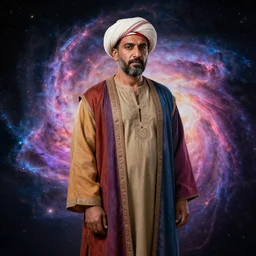 middle ages middle eastern colored clothing, wearing a turban, middle aged man, dark complexion, short well trimmed beard, 3 / 4 portrait, nebula aura surrounding object, futuristic looking, head and full body view, rembrandt art style, realistic art style