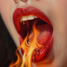 liquid fire dripping from an open mouth, drooling fire, red lipstick, flames, extreme closeup, detail shot, macro lens, oil on canvas, sharp focus