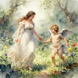a messy watercolor of bathsheba and adonis in the garden of eden, soft focus, hazy, mist, artstation, dynamic lighting by delphin enjolras