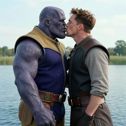 a very high resolution image from a new movie. thanos kissing tony stark on a lake, photorealistic, photography, directed by wes anderson
