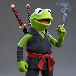 Kermit the Frog in a ninja outfit with two samurai swords on his back, smoking a cigarette, artstation, digital art, 4k