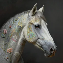 side portrait of the horse head of iridescent descent, unusually uniquely beautiful animal, with flowers and plants, emotionally evoking symbolic metaphors, in focus, heavily gothic ornamental, intricate, elegant, highly detailed photorealistic digital painting, artstation, painterly, golden ratio, sharp focus, art by h. r. giger and ernst haeckel and android jones,