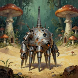 a chrome bot with conical drills, in a jungle village of mushroom dwellings, matte oil painting, badlands, retrofuturistic, science fantasy, salt dunes, rusted, mutant, lgbt, queer, rpg, epic, dungeons & dragons, sacred, sharp focus, award - winning, extremely detailed, 4 k, 8 k