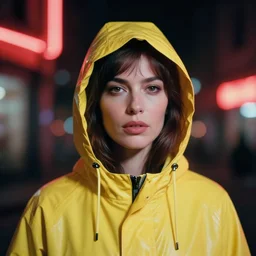 A hyper realistic and detailed head portrait photography of a woman wearing a futuristic yellow raincoat with hoodie by annie leibovitz. Neo noir style. Cinematic. Swirly bokeh. Red neon lights and glow in the background. Cinestill 800T film. Lens flare.