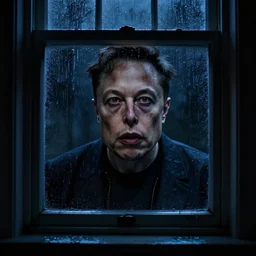 dark photo of dark blue rainy bedroom window at night, dimly lit creepy contorted distorted face of elon musk staring in through the window, horror, scary face,
