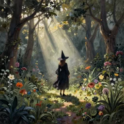 a witch's garden in the enchanted mists, cottagecore, tempera, lightbeams, beautiful a dramatic mattepainting, featured on artstation, by albert bierstadt