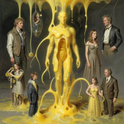 human mitosis by greg rutkowski and gil elvgren and norman rockwell and michal karcz and magali villeneuve and gerald brom, chiaroscuro!!, solarpunk, opaque yellow liquid, floating, tendrils, ooze, hyperrealism, surrealism