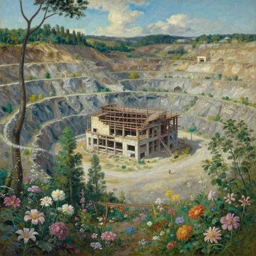 a beautiful hyperdetailed painting of unfinished building opencast mine by jean - baptiste - camille corot, gem studio ghibli otherworldly flowers sea elysian tron cgsociety forest, archdaily, wallpaper, highly detailed, trending on artstation.