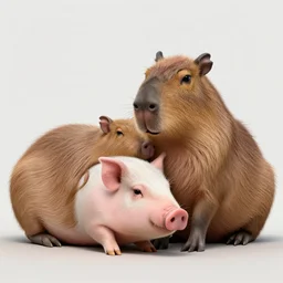 two long haired capybara cuddle a pig