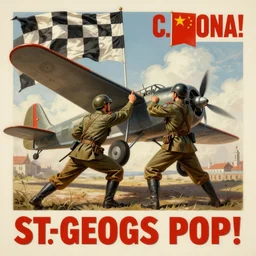 [St.Georges fighting a plane adorned with checkered flag. Soviet and chinese Propaganda!!! poster!!!, elegant, highly detailed, digital painting, artstation, concept art, matte, sharp focus, illustration, octane render, unreal engine, photography]
