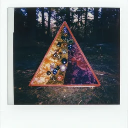colorful velvet Wizard triangle tree pyramid crystal, in a forest in twilight, 70s, polaroid, DOF, grain, kaleidoscope