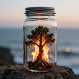 glass jar with a burning tree inside, standing on a cliff, bokeh, ocean in the background, metal lid, dramatic lighting, small flames, hyperrealistic, volumentric lighting, highly detailed