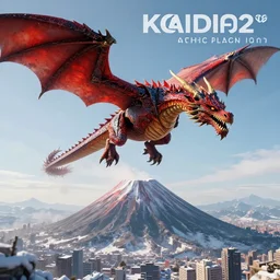 dragon flying around the top of a volcano, winter city at the base, hyper realism, cinematic, dramatic ambient lighting, high detail, octane render, unreal engine, 8 k, vibrant colors, high contrast, depth of field, professional photo, concept art, 3 d render, digital art, deviantart artstation, ray tracing, intricate complexity, extremely detailed, very sharp, award winning photo