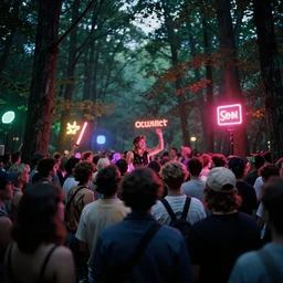 a rave party in a forest, film still from the movie directed by wes anderson with art direction by zdzisław beksinski, wide lens, neon lights,