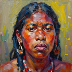 yanomami indigenous, face, palette knife painting, acrylic paint, dried acrylic paint, dynamic palette knife oil paintings, vibrant palette knife portraits radiate raw emotions, full of expressions, palette knife paintings by francoise nielly