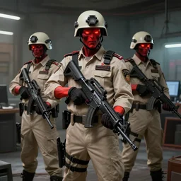 ghoul security officers with glowing red skin in beige uniforms and helmets holding bullpup rifiles in a brutalist office setting trending on artstation digital painting 4 k sharp detail high quality