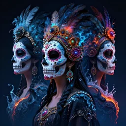 3 d mexican goddess profile portrait. beautiful intricate highly detailed day of the dead mask and feathers. low - key lighting, bioluminescent, plasma, lava, ice, water, wind, creature, quetzalcoatl, artwork by tooth wu and wlop and beeple and greg rutkowski, 8 k trending on artstation,