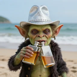 A goblin wearing a funny silver hat drinking a flask of whiskey in a beach scene, Realistic photograph, Hyperrealistic