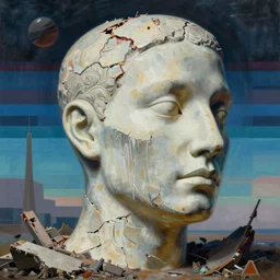 hyperrealistic surrealism, David Friedrich, award winning masterpiece with incredible details, Zhang Kechun, a surreal vaporwave vaporwave vaporwave vaporwave vaporwave painting by Thomas Cole of a gigantic broken mannequin head sculpture in ruins, highly detailed, trending on ArtStation