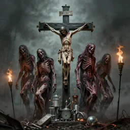 pencils of 1 1 horrifying flayed gods, crucifixion medical tiered equipment, abandoned, by v finlay, wayne d barlowe, stefano tamburini, torch light, muted colors, epic, hyper detailed, awe inspiring, award winning horror, hyper realism, cinematic