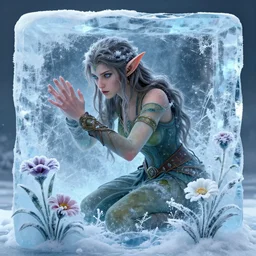 a fantasy elf woman trapped and frozen trying to get out of a block of clear ice, with frozen flowers around her, treding artstation, greg rutkowski