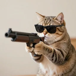 a cat wearing sunglasses shooting a machine gun