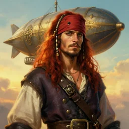 portrait painting of a handsome rugged long hair crimson hair male pirate, soft hair steampunk ornate zeppelin blimp airship in the sky sunset golden hour art by raphael lacoste and stephan martiniere greg rutkowski gaston bussiere fantasy soft hair trending on artstation deviantart book cover art concept art key art dramatic volumetric lighting, 4 k, award winning