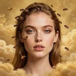 epic portrait of beautiful female face supermodel portrait surrounded by honey bees swarm, wlop, jeremy lipkin, beeple, intricate, artgerm, ilya kuvshinov, golden clouds background