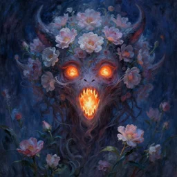 a beautiful terrifying monster of flowers, eyes and mouth glowing like burning embers. ethereal horror fantasy art by monet and greg rutkowski
