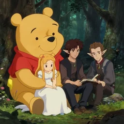 elven princess sitting with a giant winnie the pooh in the melancholy forest. andreas achenbach, artgerm, mikko lagerstedt, zack snyder, tokujin yoshioka