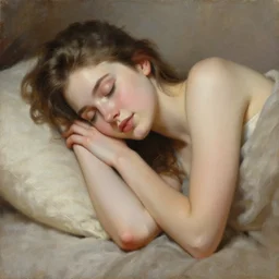 full - bodied portait of elegant and beautiful sleeping girl, with joyful expression, oil painting, high qulity realistic, hd, 8 k, art by evan wilson