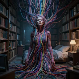 rgb wires, woman, library, cinematic, movie scene, inspired by zdzislaw beksinski, veins,, cables everywhere, bedroom, ultra realistic, concept art, intricate details, highly detailed, photorealistic, octane render, 8 k