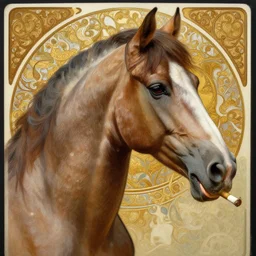 painted portrait of a horse with a cigarrete in his mouth, side viewfantasy intricate elegant extremely detailed digital painting trending artstation concept art sharp focus illustration art by alphonse mucha greg rutkowski craig mullins