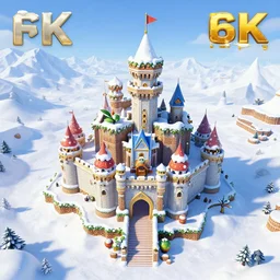 3D Mario 64 castle aerial view, 4k, snow