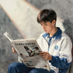 a male american high school student reading a newspaper, in chinese watercolor, award - winning painting