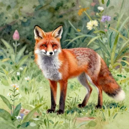 fox in the garden, vivid watercolor, in the style of claude monet, beautiful face, fall leaves multiple colours, award winning, hd, 4 k, purple, blue