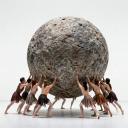 a horde of sisyphusses pushing a massively gigantic mega huge boulder through an empty space, white background, ballet performance photography