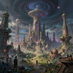a psychedelic realm hidden away in a pocket of ethereal understanding, astral and alien city, in the style of greg rutkowski, and wlop, and lisa frank, and bob ross, and ruan jia, illustration, epic, fantasy, hyper detailed, smooth, unreal engine, sharp focus, ray tracing