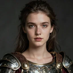 close - up portrait of beautiful young woman dressed gladiator with metallic armor, art by ellen von unwerth