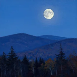 vermont mountains, supermoon, abbott handerson thayer painting, blue palette