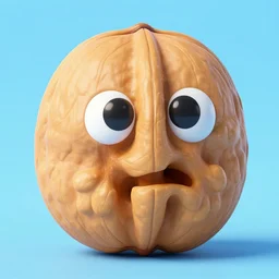 a large walnut with two eyes and a mouth looks with condemnation, colourful