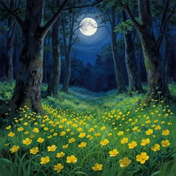 Buttercup forest at night, moonlight, Greg Rutkowski, Thomas Kinkade, hyperrealism